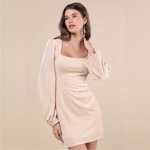 Lulu's Precise Radiance Velvet Sequin Cream Long Sleeve Dress